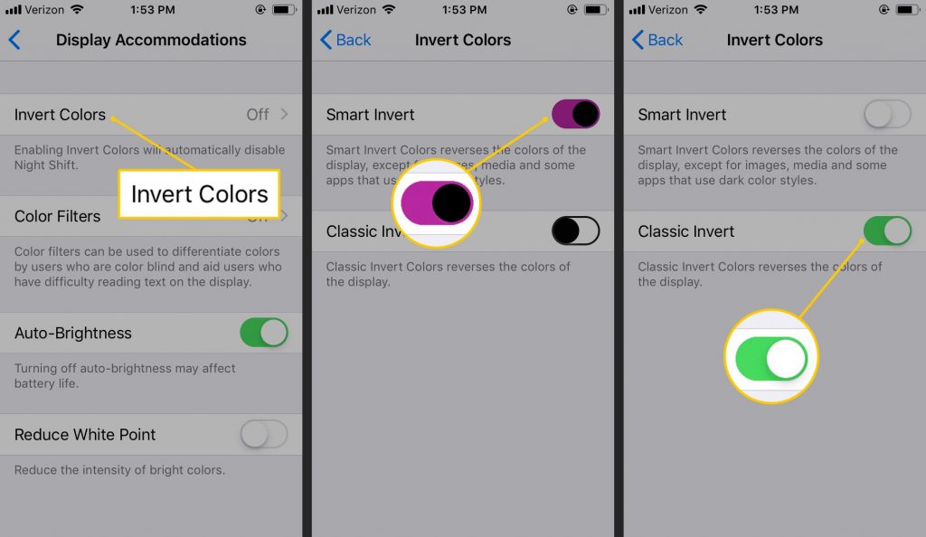 iPhone settings highlighting inverted colors option in display accommodations