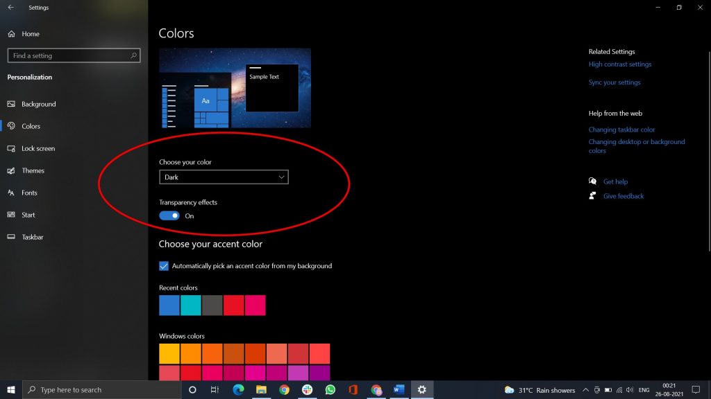windows 10 desktop color settings highlighting dark mode in choose your color option.
