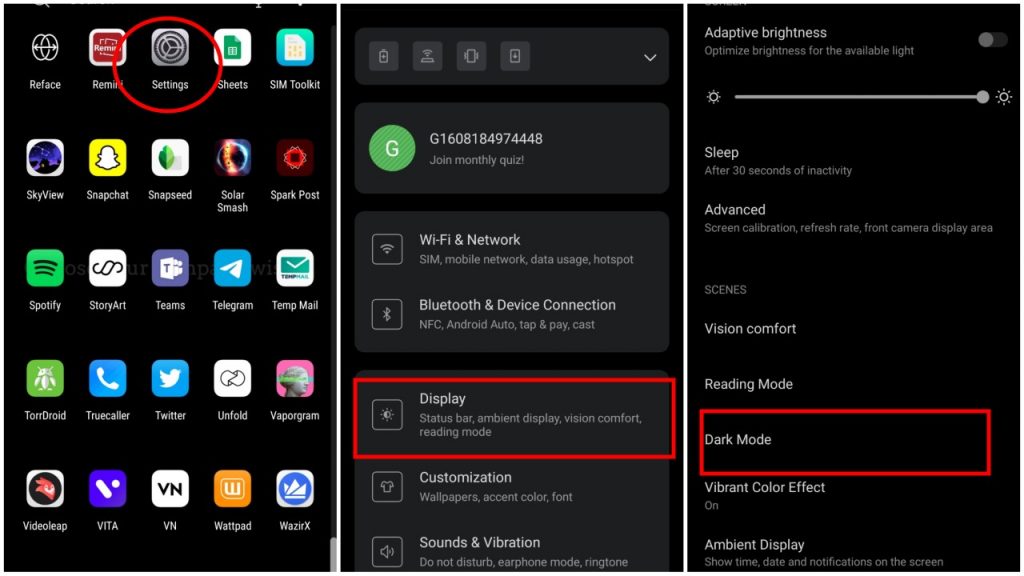 android settings highlighting display dark mode option