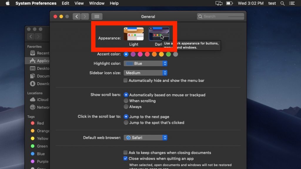 macOS Mojave general settings highlighting dark mode toggle bar